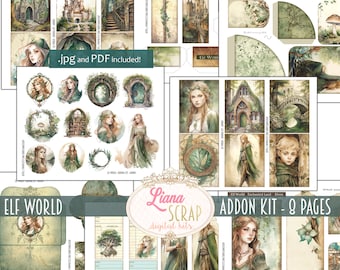 May include: Elf World Addon Kit - 8 Pages digital scrapbooking kit with illustrations of elves, forests, and magical elements. Includes .jpg and .PDF files.