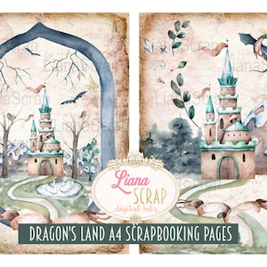 Puede incluir: Dos p&aacute;ginas de scrapbooking digitales con una ilustraci&oacute;n de acuarela de un castillo en un paisaje invernal. El castillo tiene torres verdes y marrones y un camino que conduce a &eacute;l. La primera p&aacute;gina tiene un arco azul que enmarca la escena, mientras que la segunda p&aacute;gina presenta un drag&oacute;n volando por encima. El texto "Dragon's Land A4 Scrapbooking Pages" est&aacute; en la parte inferior de las p&aacute;ginas.