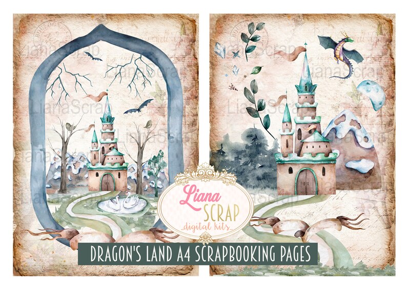 Puede incluir: Dos p&aacute;ginas de scrapbooking digitales con una ilustraci&oacute;n de acuarela de un castillo en un paisaje invernal. El castillo tiene torres verdes y marrones y un camino que conduce a &eacute;l. La primera p&aacute;gina tiene un arco azul que enmarca la escena, mientras que la segunda p&aacute;gina presenta un drag&oacute;n volando por encima. El texto "Dragon's Land A4 Scrapbooking Pages" est&aacute; en la parte inferior de las p&aacute;ginas.