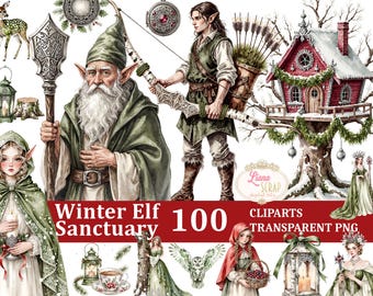 Może przedstawiać: Akwarelowe ilustracje zimowych elfów, w tym starszy elf z laską, łucznik i młody elf trzymający świecę. Czerwony domek na drzewie i różne elementy dekoracyjne są również prezentowane. Tekst brzmi "Winter Elf Sanctuary 100 Cliparts Transparent PNG."