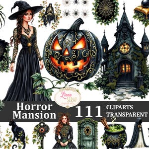 Könnte beinhalten: Eine digitale Kunstsammlung mit Halloween-Illustrationen. Sie enthält eine Hexe in einem schwarzen Kleid und Hut, einen geschnitzten Kürbis, ein Spukhaus, Spinnen und andere gruselige Elemente. Der Text "Horror Mansion" und "111 Cliparts Transparent PNG" sind ebenfalls sichtbar.