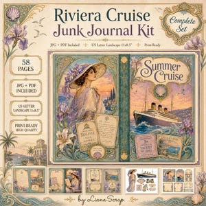 May include: A Riviera Cruise Junk Journal Kit featuring 58 pages in US Letter landscape 11x8.5 inch format. The design includes vintage illustrations of a person in a hat, a cruise ship, floral motifs, and text reading Summer Cruise and Bellevue Nice Riviera.