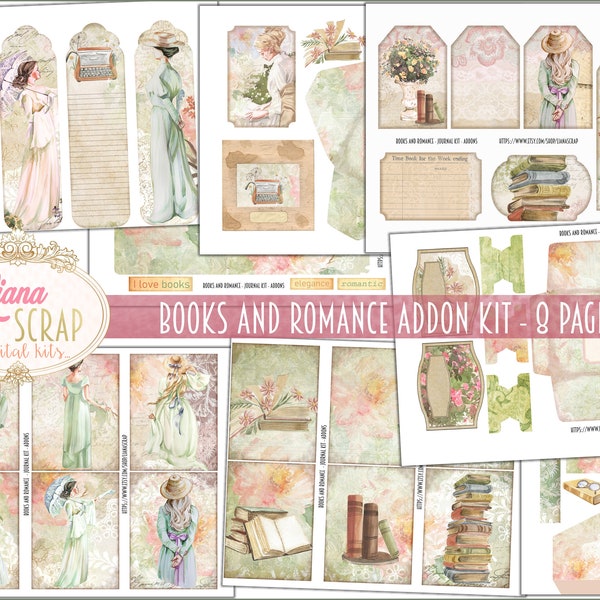 Books and Romance Junk Journal ADDON Digital Kit Printable, Vintage Books Digital Collage Sheets, Junk Journal Paper