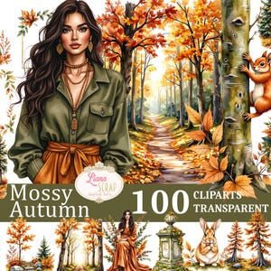 Può includere: Set di clipart digitali "Mossy Autumn" con illustrazioni ad acquerello di donne, fogliame autunnale, uno scoiattolo e scene di foresta. Include 100 file PNG trasparenti. La tavolozza dei colori comprende sfumature di verde, arancione e marrone.
