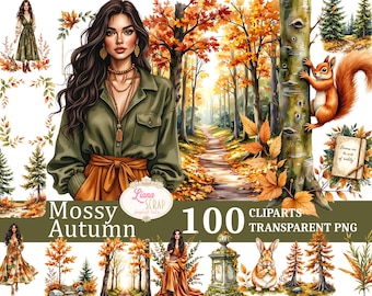 May include: Digital clipart set titled "Mossy Autumn" featuring watercolor illustrations of women, fall foliage, a squirrel, and forest scenes. Includes 100 transparent PNG files. The color palette includes shades of green, orange, and brown.