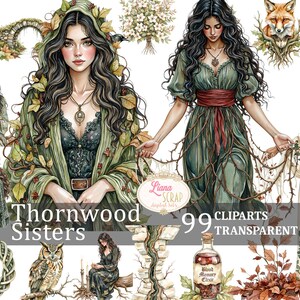 Ensemble de 99 cliparts Thornwood Sisters, motifs floraux de sorcières, PNG Transparent, art numérique, scrapbooking, planificateur, autocollants, illustrations botaniques