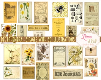 Vintage Bee Ephemera Printables, Bee Hive Honey Apiculture Digital Collage Sheets, Beekeeping Ephemera, Junk Journal Paper