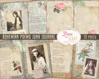 Kit de diario basura con poemas bohemios, ilustraciones de chicas vintage (descarga digital)