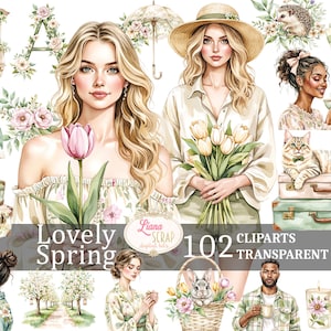 Imágenes prediseñadas digitales "Precioso Primavera 102": flores de primavera, personas, PNG para scrapbooking, planificadores y diseño.