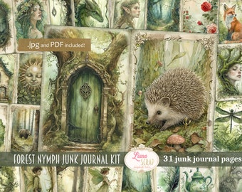 Kit numérique de journal indésirable nymphe des forêts imprimable, feuille de collage imprimable fantaisiste, papier journal indésirable des bois fantaisie, fées et dragons