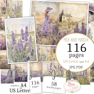 Junk Journal - Lavender Art Journal - Tamaño carta de EE. UU. y A4, páginas de mezcla y combinación, papel digital Lavender Fields en PDF y JPG imprimibles