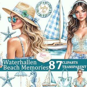 Puede incluir: Conjunto de arte digital en acuarela titulado "Waterhallen Beach Memories" con ilustraciones de temática playera. Incluye imágenes de personas, veleros, estrellas de mar y accesorios en tonos azules, blancos y beige. El conjunto incluye 87 cliparts en formato PNG transparente.