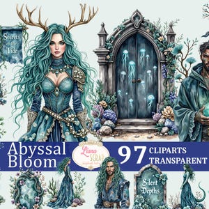 Abyssal Bloom 97 Clipart Set - Acquerello Fantasy Arte Digitale, Immagini PNG per Planner, Scrapbooking e Design Magici