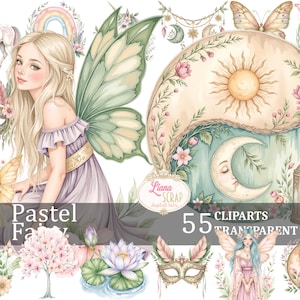 Pastel Fairy 55 Digital Clipart Set, aquarelles de fées, licornes, Floral PNG, fond Transparent