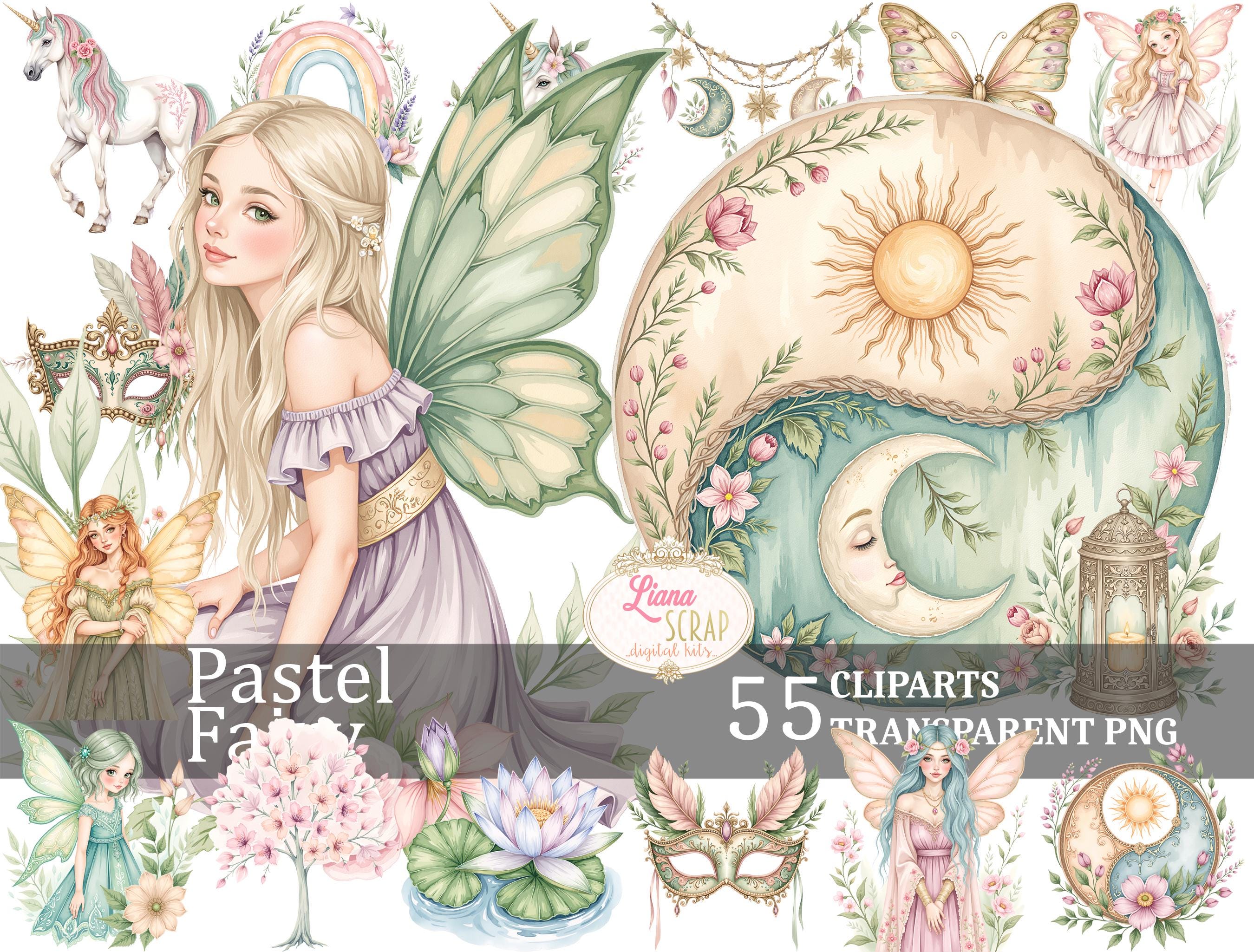 Pastel Fairy 55 Digital Clipart Set, Watercolor Fairies, Unicorns ...