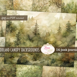 Fondo del diario basura digital Woodland Canopy, collage de hojas del bosque imprimible, diario basura digital botánico, papel del diario de la naturaleza