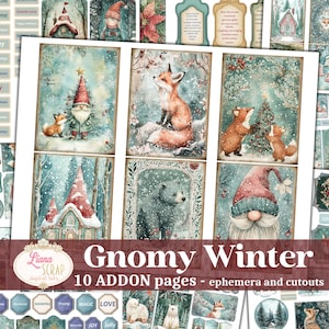 Gnomy Winter Junk Journal ADDON, Magical Christmas Junk Journal Ephemera, Família Gnome, Woodland, Recortes, Fussy-Cuts, etiquetas e rótulos