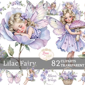 Ensemble de 82 cliparts numériques fée lilas, fées, fleurs, animaux, PNG transparent, Illustration aquarelle, autocollants pour agenda, art de la chambre d'enfant