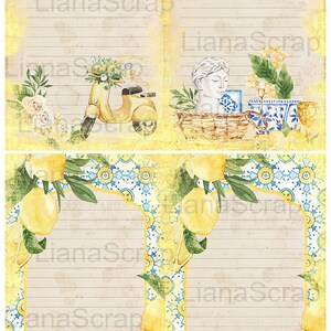 May include: A digital collage kit for junk journaling featuring a yellow scooter, lemons, flowers, and a blue and white tiled pattern. The kit includes a variety of papers, stickers, and embellishments. The text "MEDITERRANEAN JOURNEY JUNK JOURNAL KIT AND ADDONS" is at the bottom of the image.