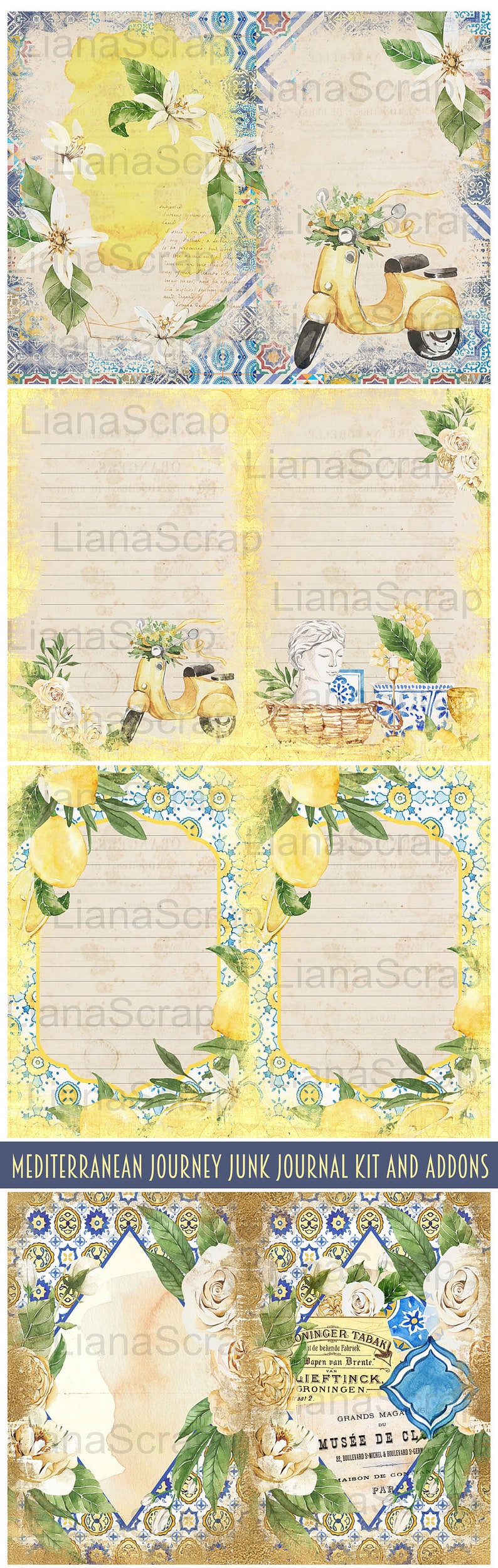 May include: A digital collage kit for junk journaling featuring a yellow scooter, lemons, flowers, and a blue and white tiled pattern. The kit includes a variety of papers, stickers, and embellishments. The text "MEDITERRANEAN JOURNEY JUNK JOURNAL KIT AND ADDONS" is at the bottom of the image.