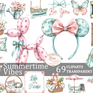 Set di 69 clipart "Summertime Vibes" - PNG estivi, adesivi per planner digitali, illustrazioni ad acquerello, estetica estiva, picnic party
