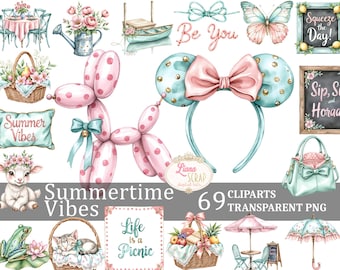 Clipart de verano: Picnic, animales del bosque, acuarela PNG (descarga digital)