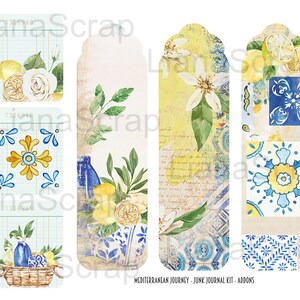 May include: Four printable digital junk journal kit add-ons featuring a Mediterranean theme. The add-ons include a lemon tree, a basket of lemons, a blue and white tile pattern, and a blue and white tile pattern with a yellow center.