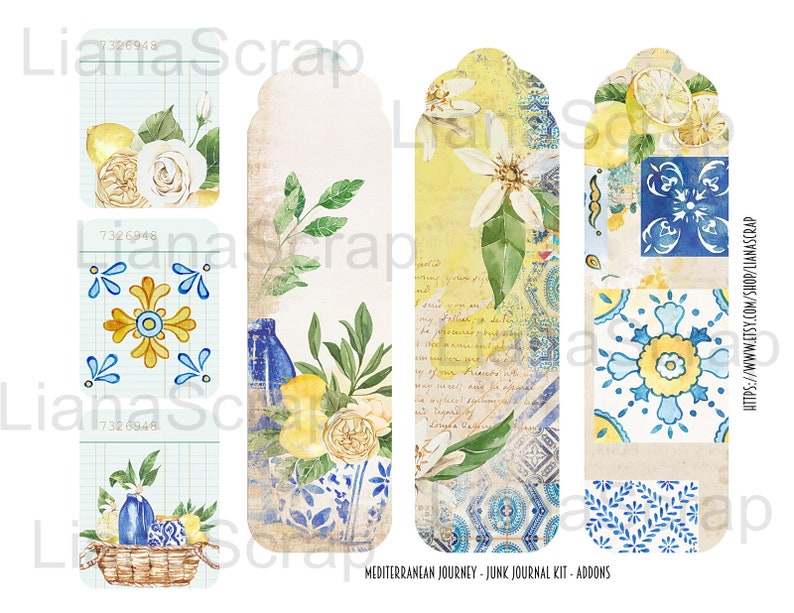 May include: Four printable digital junk journal kit add-ons featuring a Mediterranean theme. The add-ons include a lemon tree, a basket of lemons, a blue and white tile pattern, and a blue and white tile pattern with a yellow center.