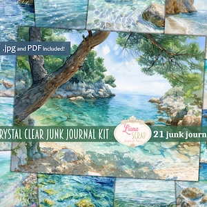 Crystal Clear, Aquarell Junk Journal Papier, digitaler Hintergrund, Strand Junk Journal Papier mit Wasserlandschaften, Sommersand und Meer