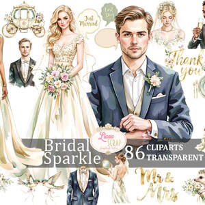 Conjunto de 86 imágenes prediseñadas digitales con brillo nupcial, PNG de boda, novios, animales, diseño floral, pegatinas para planificador, novios, plan de boda