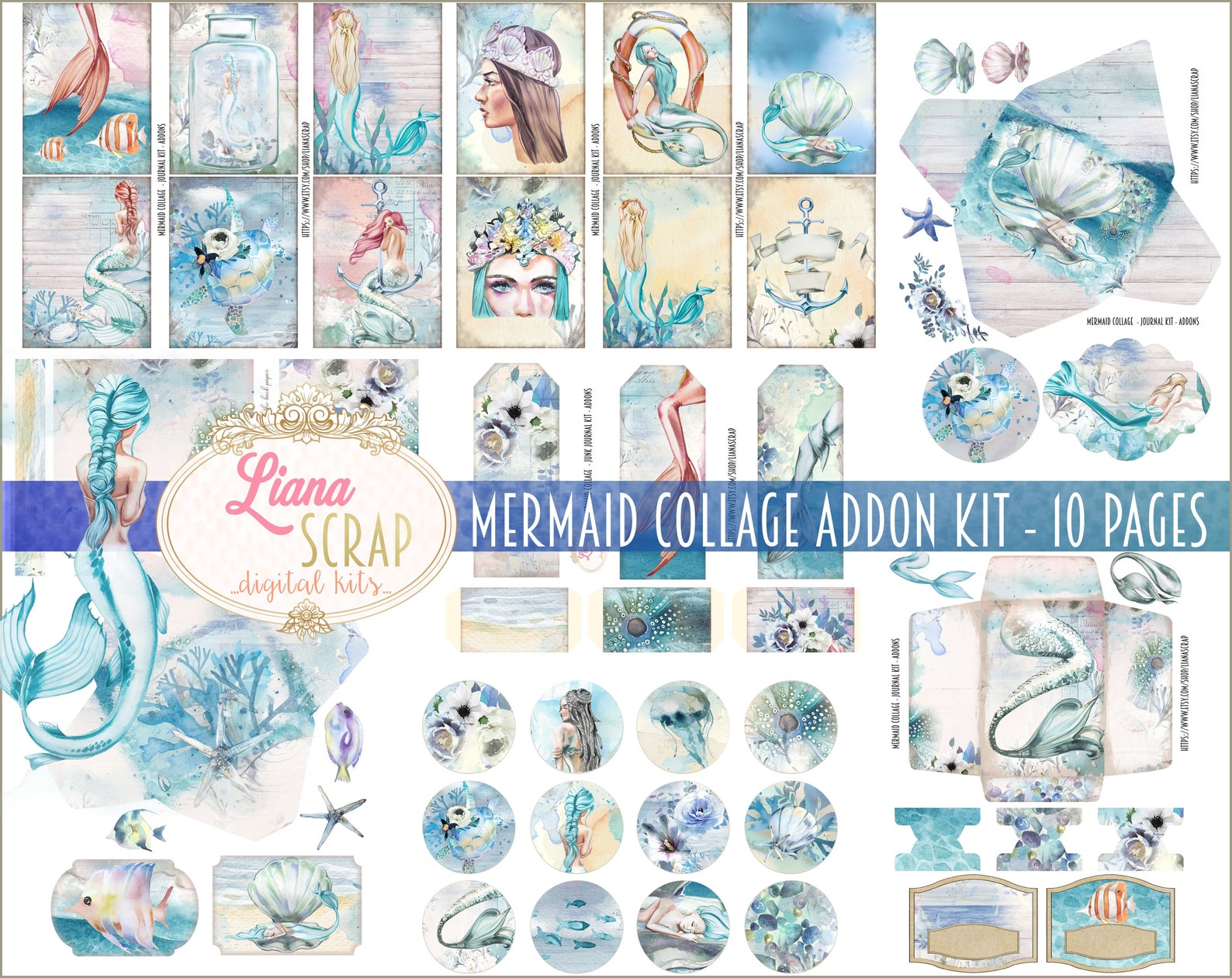 Mermaid Collage Junk Journal ADDON Kit, Sea Life Ephemera (digital ...