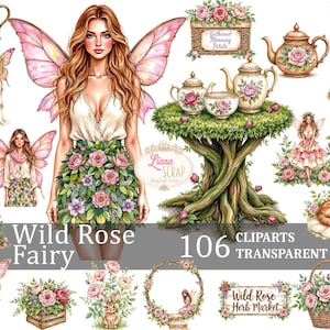 Ensemble de cliparts fée rose sauvage 106 Images PNG Fairycore Art numérique Design floral planificateur Stickers Illustration botanique fée aquarelle