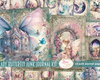Lady Butterfly Junk Journal Kit, Schmetterling verzauberte Welt Collage Ausdrucke, Fantasy Kit, Schmetterling und Feen Junk Journal Papier