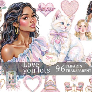 Ti amo tantissimo 96 set di clipart ad acquerello - Immagini PNG digitali per San Valentino, romanticismo, scrapbooking e artigianato, adesivi per planner