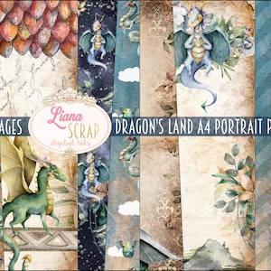 Drachen Land A4 Scrapbooking digitales Papier, Drachen digitale Collage Sheets, Drachen druckbare Scrapbooking Kit, Junk Journal Papier