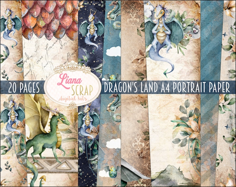 Puede incluir: 20 papeles digitales con dragones, nubes, estrellas y dise&ntilde;os florales en tonos azules, verdes, marrones y dorados. Los papeles est&aacute;n etiquetados como "Dragon's Land A4 Portrait Paper".