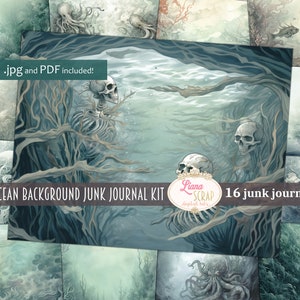 Papel de fundo do oceano amaldiçoado, colagem subaquática assombrada para impressão, papel digital de esqueleto do fundo do mar, diário de lixo de Halloween