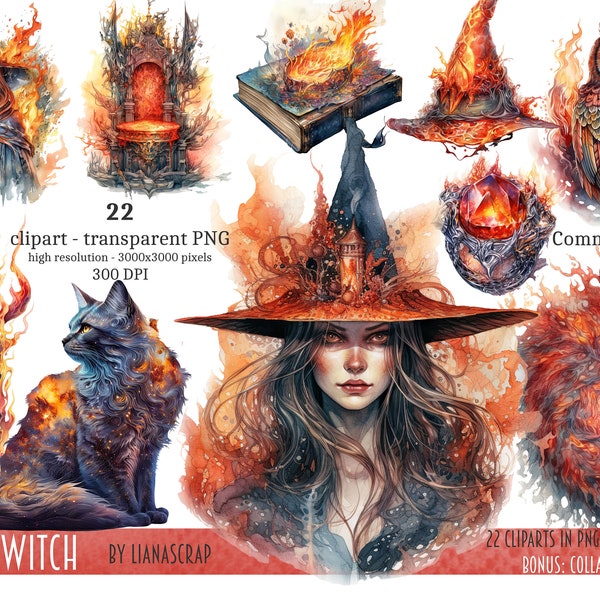 Fire Witch Clipart PNG Set, 22 witch clipart, commercial use clip art, fire witch watercolor art, PNG witch theme illustrations