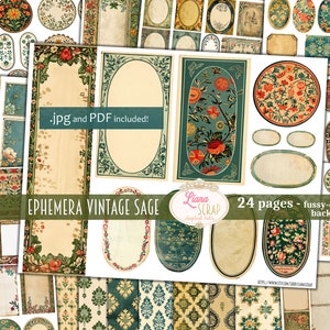 Junk Journal Ephemera, Vintage Sage Fussy Cuts imprimible, Descarga digital floral, Embellecimiento y portadas para Junk Journals