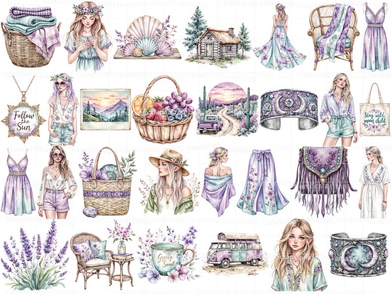 Bohemian Endeavors 90 Digital Clipart Set PNG Boho Fashion Desert Graphics, boho planner designs image 4