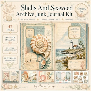 May include: A digital junk journal kit titled Shells And Seaweed Archive Junk Journal Kit featuring 47 pages in US Letter Landscape 11x8.5 inch format. The kit includes JPG and PDF files with coastal imagery, lighthouse illustrations, and shells.
