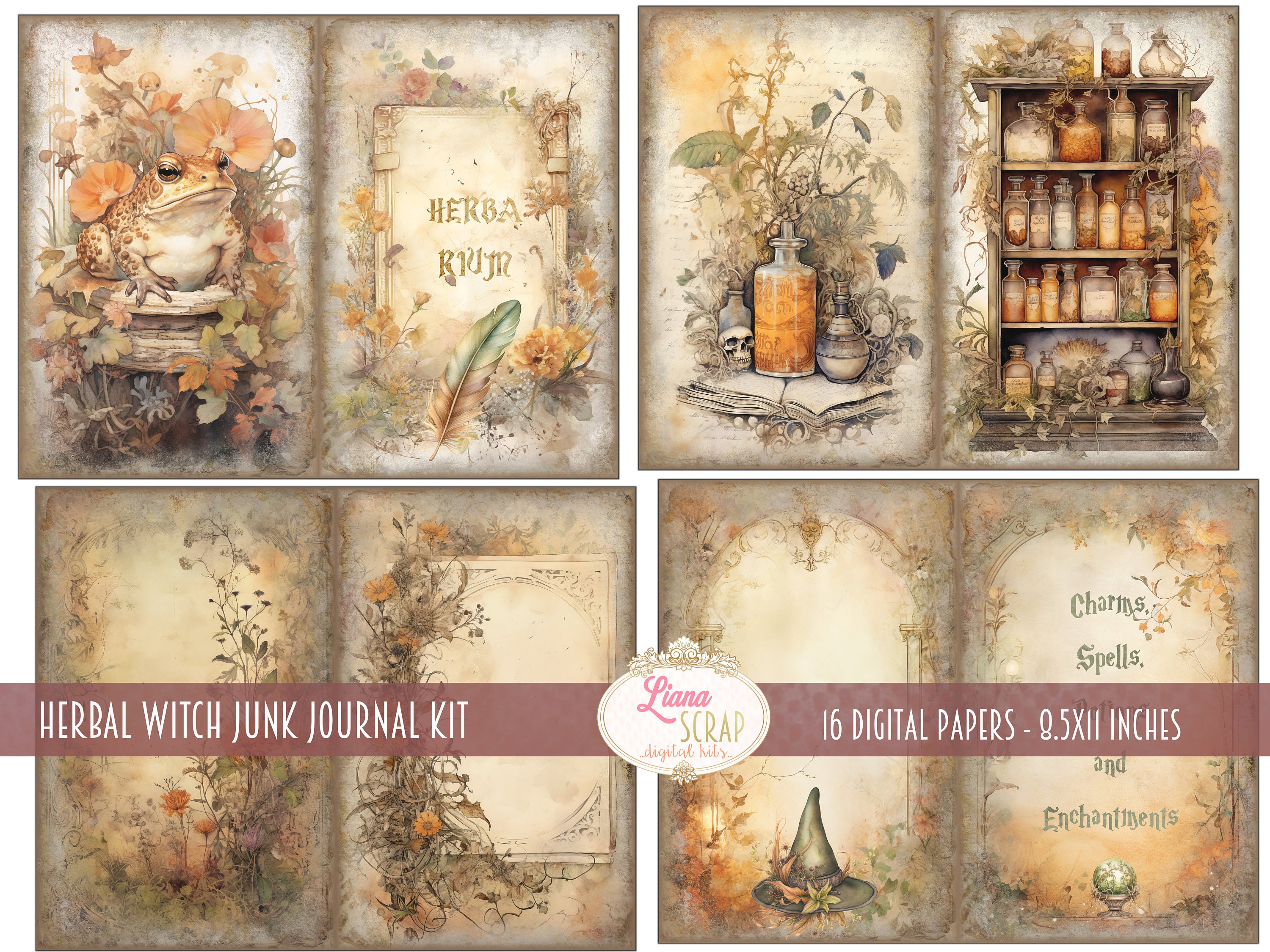 Book Of Spells Crafting Printables Kit, Craft Kits, Junk Journal Printable,  White Witch Journal, Magic Junk Journal, Supplies Kit- 002249