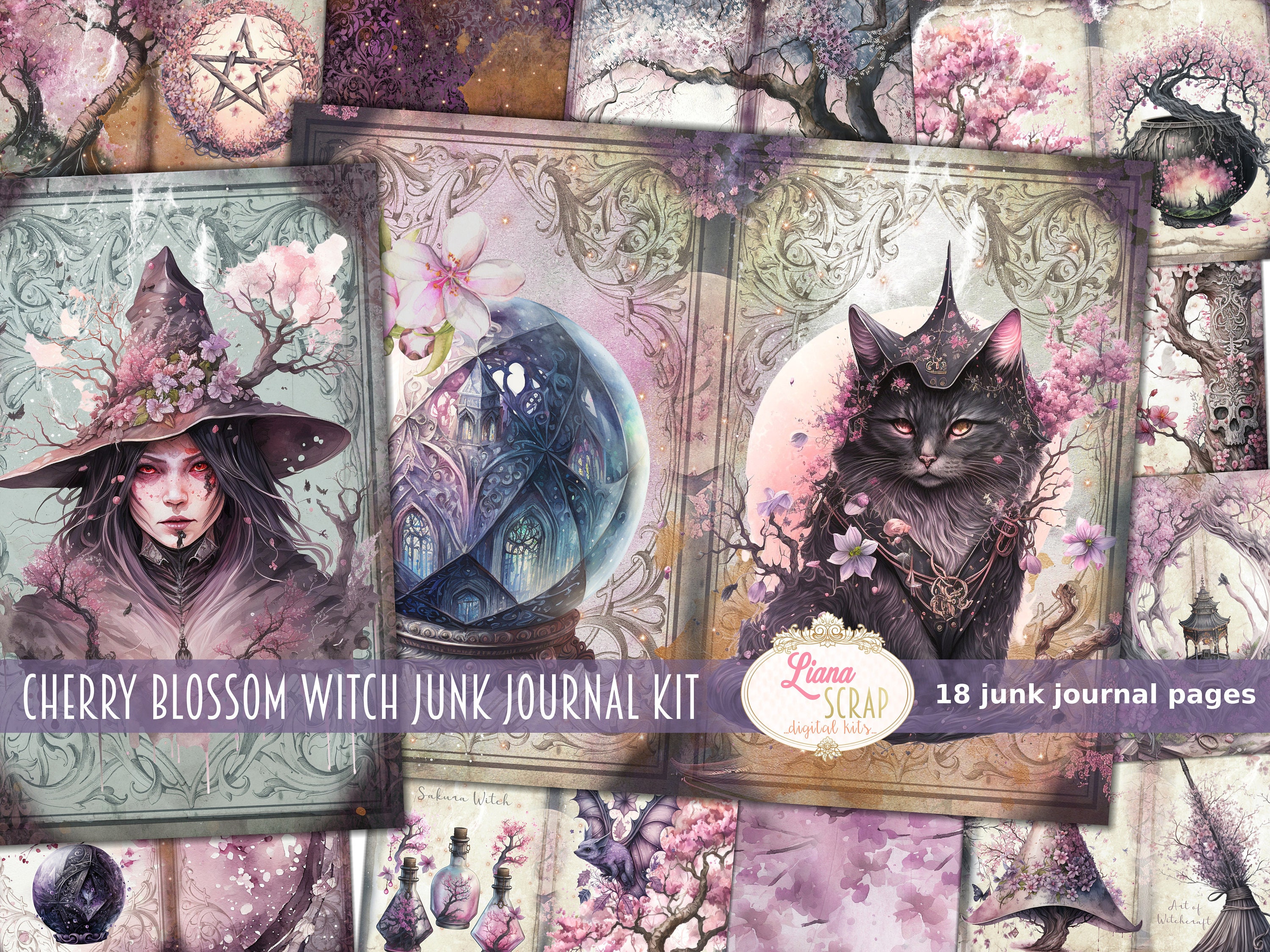 Cherry Blossom Witch Junk Journal Kit, Fantasy Collage (digital