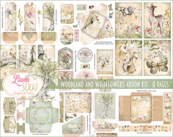 May include: A digital scrapbooking kit with woodland and wildflower themes. The kit includes 9 pages of images featuring a deer, a rabbit, a squirrel, a butterfly, and various floral designs. The images are in a vintage style with a soft color palette.