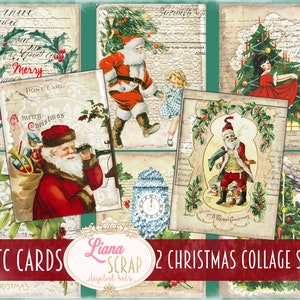 cartes ATC de Noël vintage 3x4 pouces, 2 pages de feuilles imprimables numériques, 12 cartes imprimables de Noël pour les journaux indésirables