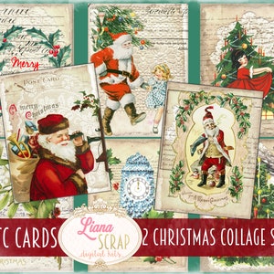 Vintage Christmas 3x4 inch ATC Cards, 2 pages of Digital Printable Sheets, 12 Christmas printable cards for junk journals