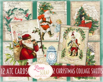 Vintage Christmas 3x4 inch ATC Cards, 2 pages of Digital Printable Sheets, 12 Christmas printable cards for junk journals