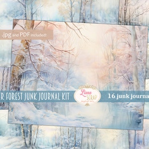 Fundo de diário de lixo digital da floresta de inverno, colagem de floresta de fadas para impressão, diário de lixo digital, papel de diário da natureza, fundo de floresta