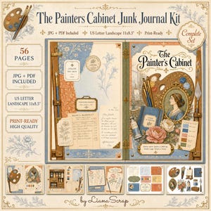 以下が含まれることがあります： The Painters Cabinetというタイトルのデジタルジャンクジャーナルキット。27.94x21.59cmのUSレター横向きサイズで56ページ構成。絵の具パレット、筆、ヴィンテージ書類、花のイラスト、画材などの印刷可能なグラフィックが含まれています。