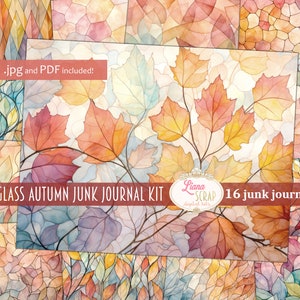 Stained Glass Autumn Junk Journal, papier de fond de base, papier numérique, imprimable, journal de vitrail, papier vintage, fond d'automne
